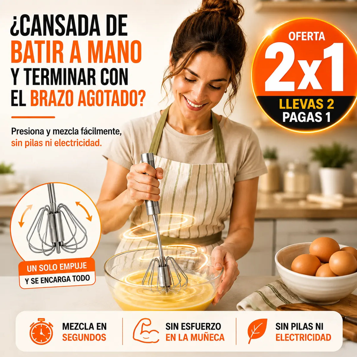 Batidor semiautomatico de acero inoxidable | Mezcla más rápido, con menos esfuerzo y sin electricidad.