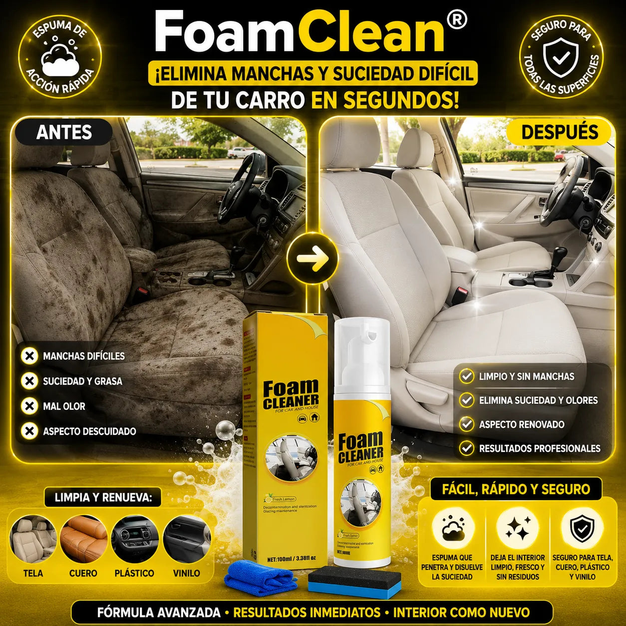 FoamClean® - ¡Elimina manchas y suciedad difícil de tu carro en segundos!
