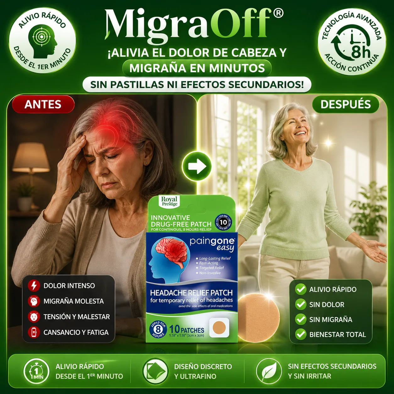 ¡Alivia el dolor de cabeza y migraña en minutos sin pastillas ni efectos secundarios!